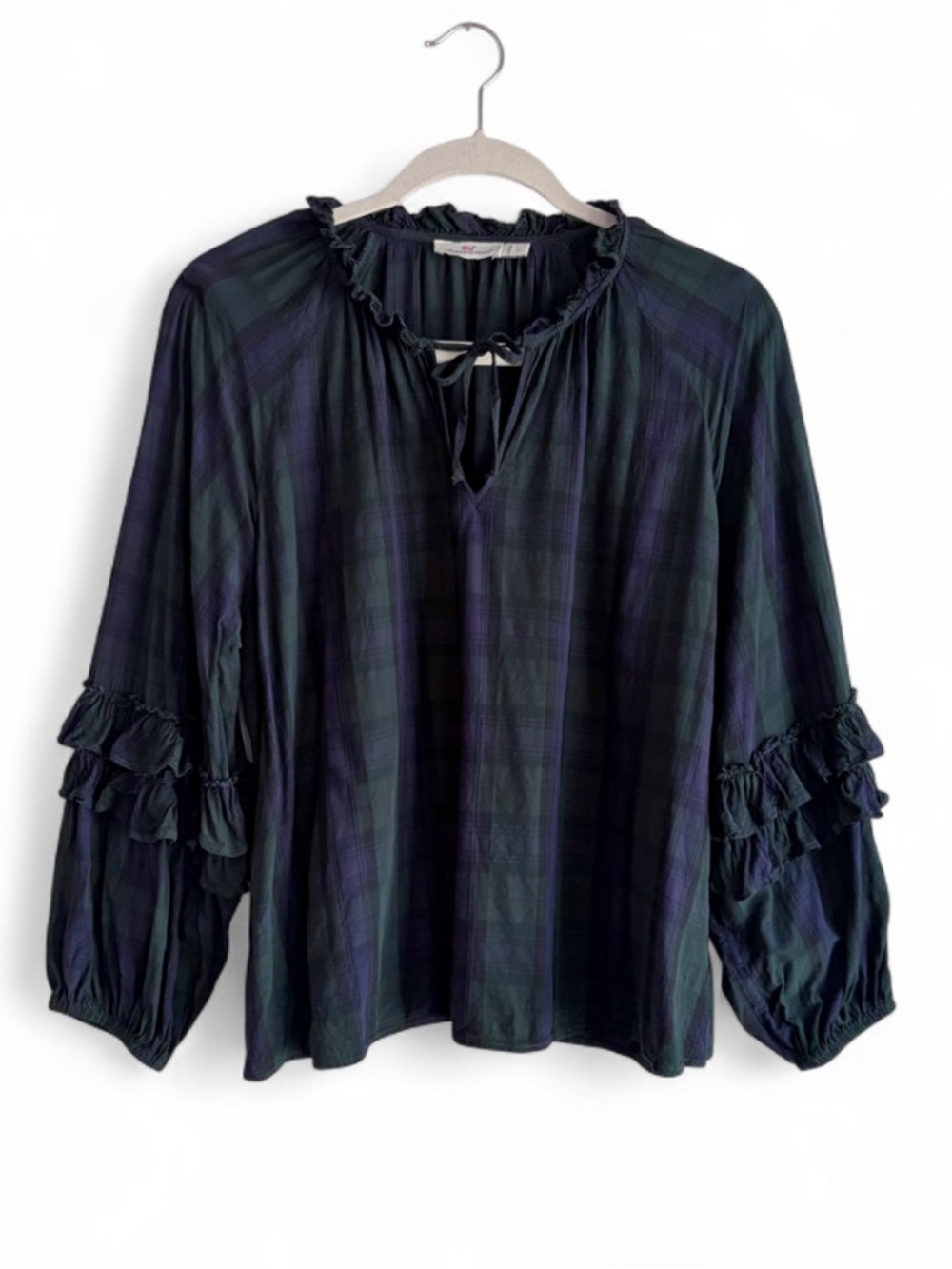 Vineyard Vines Navy Blue Plaid Ruffle Tie Neck Peasant Blouse Size L